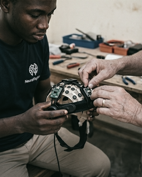 An engineer fitting electrodes onto a NeuralVillage EEG headset at a workbench