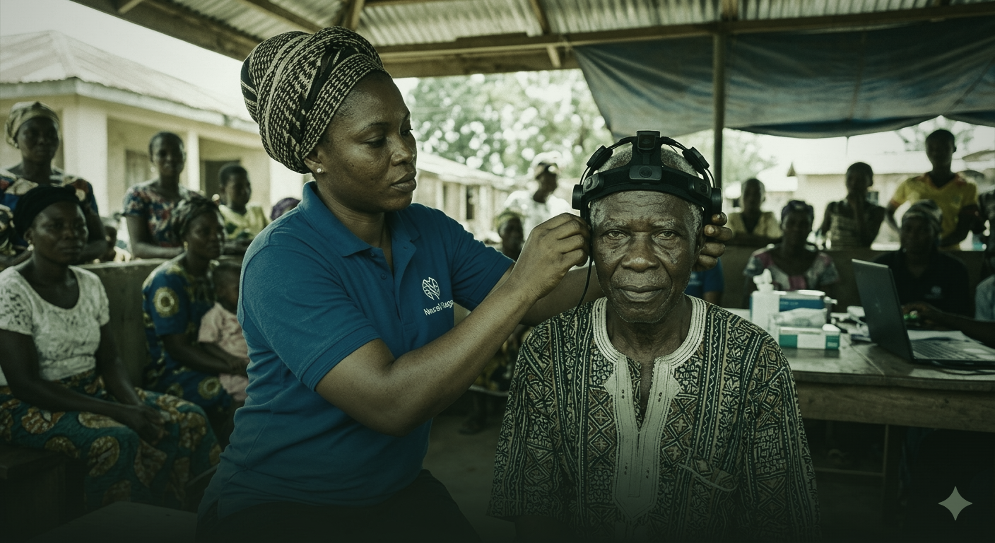 A community health worker fitting a non-invasive EEG headset on an elderly man at an outdoor clinic in Nigeria