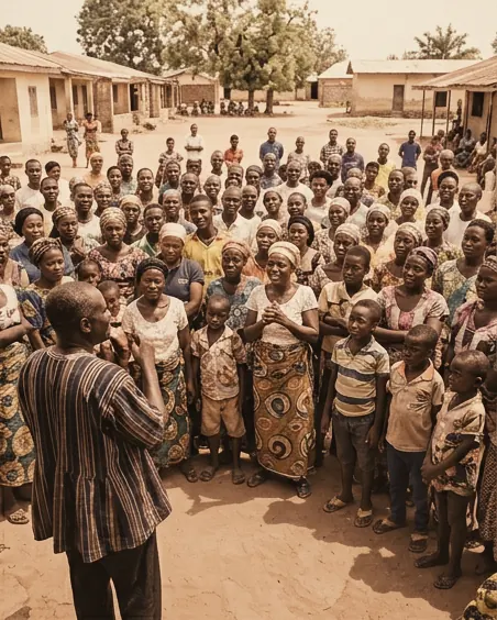 A community gathered for a brain-health outreach session in a Nigerian village square