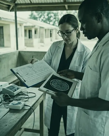 A clinician and a NeuralVillage researcher reviewing a brain scan together