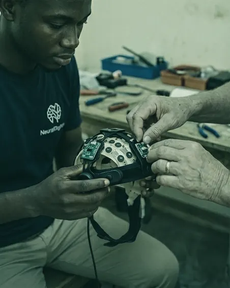 An engineer fitting electrodes onto a NeuralVillage EEG headset at a workbench