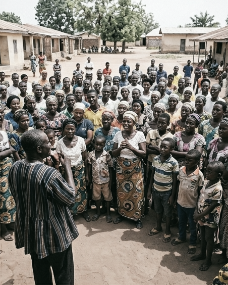 A community gathered for a brain-health outreach session in a Nigerian village square