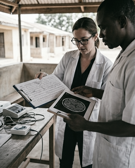 A clinician and a NeuralVillage researcher reviewing a brain scan together