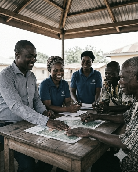 NeuralVillage staff meeting with community and local leaders around a table
